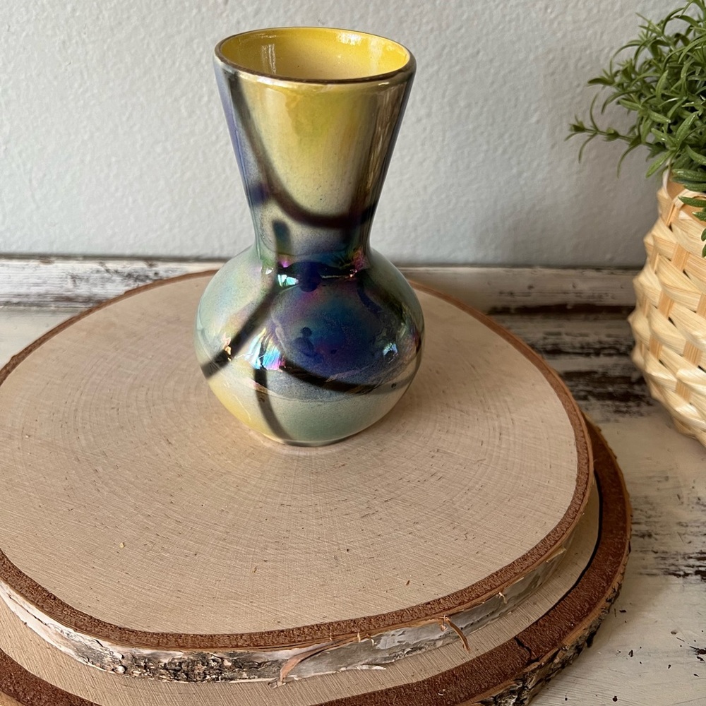 Vintage MCM Porcelain Art Vase Marked Iridescent Lustreware Yellow Blue Mod